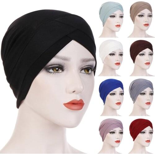 Forehead Across Elastic Jersey Hijabs Easy Cap Turban for Muslim Women Simple Solid Color Chemo Hats Headband Hair Accessories
