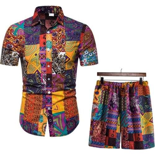 Mens Vintage Paisley Casual Short Sleeve Hawaiian Shirt Suits Hipster Men Two Piece Set Beach Shirt and Shorts Suit Beach Wear