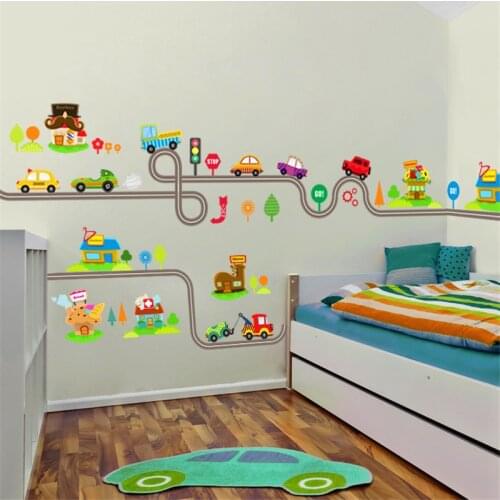 Cartoon car highway track wall stickers for kids rooms children bedroom decor pvc wall decals art diy mural boys gift sticker