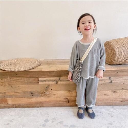 2021 Autumn Childrens Clothing Childrens Korean Style Suit Boys And Girls Cotton Waffle Pullover + Two-Piece Leggings