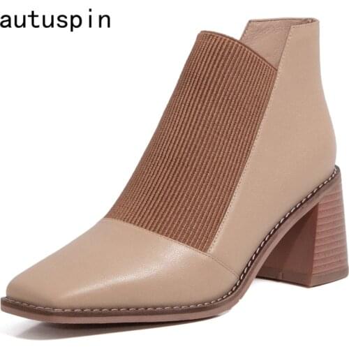 Autuspin 2020 Autumn Winter Square Toe Womens Ankle Boots Concise Genuine Leather High Heels Boots Dancing Night Club Shoes