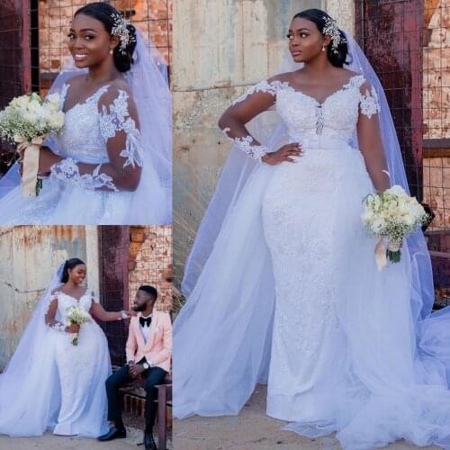 Plus Size South African Mermaid Wedding Dresses With Detachable Train Pearls Beading Top Lace Full Sleeve Bridal Gowns