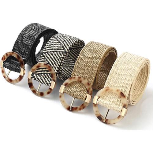 Vintage wide Belt Summer Resin Buckle Wild Braided Belt Female Leopard Buckle Weave Fake straw Waist Belt decorative Waistbands
