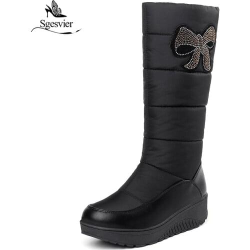 Sgesvier Fashion Plush Snow Boots Women Wedge Knee High Boots Thermal Female Cotton-Padded Shoes Warm Winter Boots Size 44 OX903