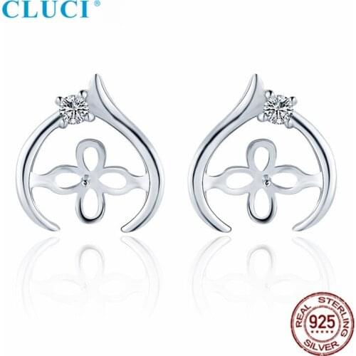 CLUCI 925 Sterling Silver CZ Heart Pearl Stud Earrings Mountings for Women Simple Party Wedding Pearl Earrings Jewelry SE171SB