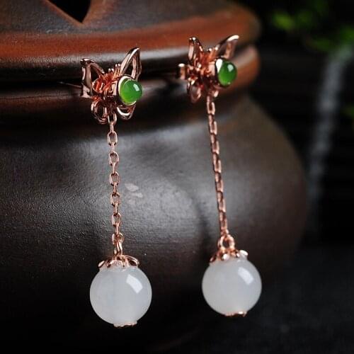 Four wear white jade 925 silver earrings Womens classic simple ear nails hollow butterfly and Tianyu ball-pearl earrings