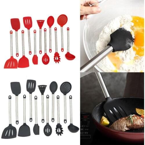 Silicone Cooking Utensils Stainless Steel Handle Non-stick Spatula Soup Scoop Colander Scraper Kitchen Cooking Tool Gadgets