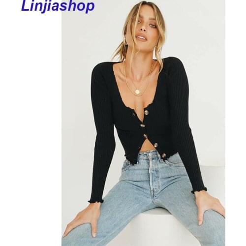 Cropped Cardigan Sweater Women Buttoned V Neck Long Sleeve Ribbed Knit Crop Top Cardigans Frill Edged Slim Sexy Black Sweaters
