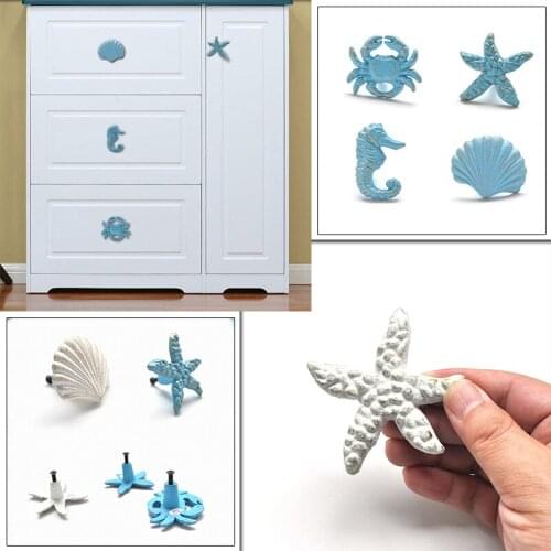 Vintage Iron Art Crab Starfish Shell Door Knob Blue Pull Cupboard Drawer Handle Clothes Hook Hardware Drawer Handle