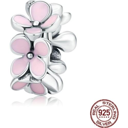 Womak fit bracelet making pink flower beads enamel charm for women 925 sterling silver jewelry DIY original necklace pendant