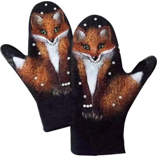 Women Faux Cashmere Gloves Floral Wolf Cat Animal 3D Print Thermal Warm Mittens H9ED