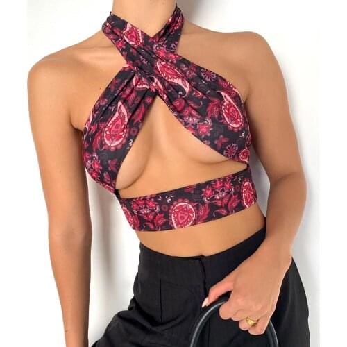 Wsevypo Women Floral Cross Halter Crop Tops Chic Summer Sleeveless Cut Out Tank Tops Fashion Lady Slim Backless Vest Streetwear