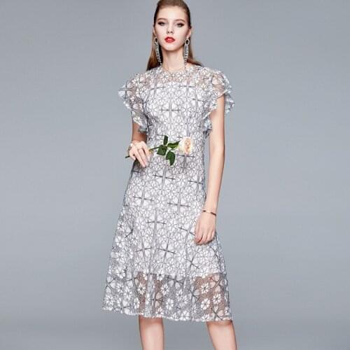 LLZACOOSH Top Quality Lace Floral Embroidery Midi Dress New 2020 Summer Women Beautiful Ruffles Sleeve Party Dress