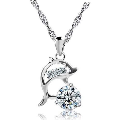 Dolphin shape hanging pendant necklace setting cubic zirconia water wave chain silver color necklace for women