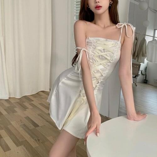 Spaghetti Straps Ruffle One-piece Dress Women A-line Dress Summer Chic Lace Up Sleveless Sling Bowknot Mini Sundress Party Wear
