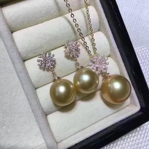 Free shipping gorgeous set 11-12mm south sea round gold pearl necklace 14k