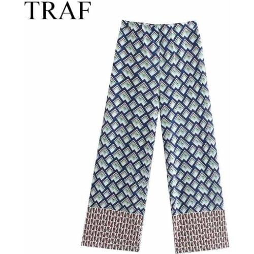 TRAF ZA Womens Clothing Pants Fashion Summer High Waist Vintage Geometric Print Contrast Color Casual Loose Straight Trousers