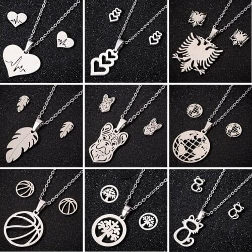 Hfarich Stainless Steel Sets For Women Girls Feather Tree Cat Albanian Eagle Choker Chain Necklace For New Year Small Gift