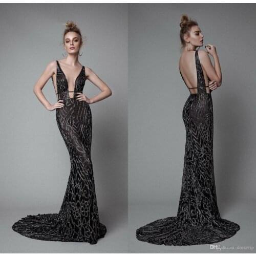 Black Evening Gown Deep V Neck Backless Illusion Mermaid Dresses Evening Wear Full Beads Sexy Elegant Prom Dress Formal Gowns