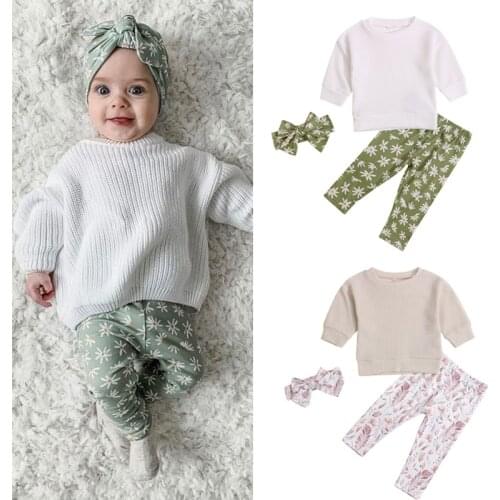 3Pcs Kids Autumn Tracksuit, Solid Color Long Sleeves Sweatshirt + Casual Pants + Hairband Suit Baby Girls Clothes 0-24 Months