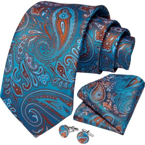 Mens Tie Blue Paisley Design Fashion Silk Wedding Tie For Men Party Business 3.4'' Necktie Hanky Gravata Set DiBanGu SJT-7278