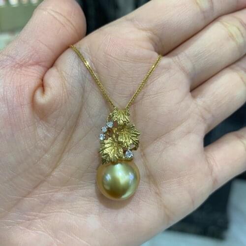 Genuine luxury jewelry natural gold pearl pendant 18K yellow gold with diamond leaf fine women jewelry free shipping