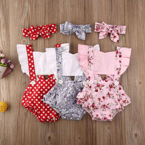 2PCS Summer Newborn Infant Baby Girls Jumpsuit Ruffles Sleeve Polka Dot Floral Print Bodysuits Headband Clothes Outfit Suit