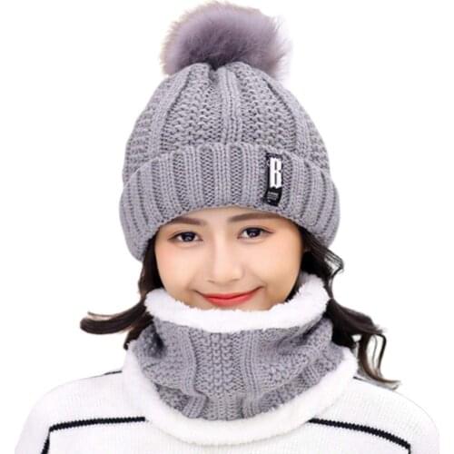2Piece set Beanie Hat Womens Winter Thick Beanie Scarf Set Girls Cute Pom Warm Knit Ski Hat with Fleece Lined