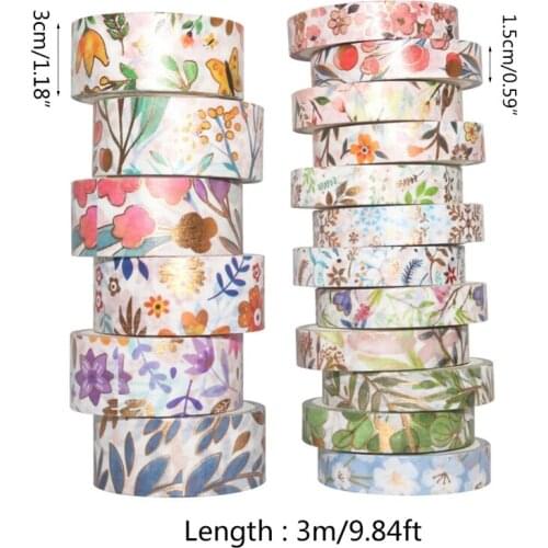 K92C 18 Rolls Gold Foil Washi Tape Floral Gold Washi Tape Set Foil Gold Skinny Decorative Adhesive Tape for Scrapbook