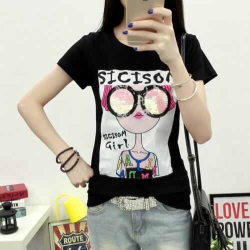 Summer Cotton Round Neck womens T-shirt Cartoon Girls Pattern Short-sleeve basic t shirt women Tops