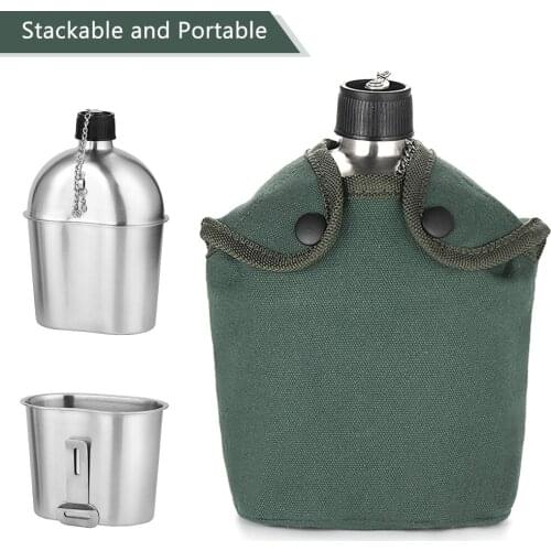 2pcs 1000ml 600ml Stainless Steel Military Canteen Cup Set with Cover Bag for Outdoor Camping Hiking Backpacking