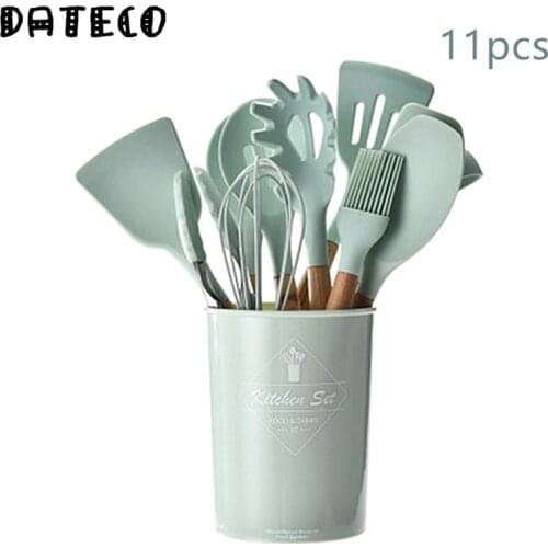 Green Silicone Utensils Cooking Kitchenware Tool Set With Wooden Multifunction Handle Non-Stick Spatula Ladle Egg Beaters Shovel