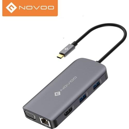 NOVOO USB Hub Type C 9-Port 100W PD 1000Mbps Ethernet Hubs to 4K HDMI VGA 1080P SD Card Reader TF Card Slot USB 3.0 Dock Station