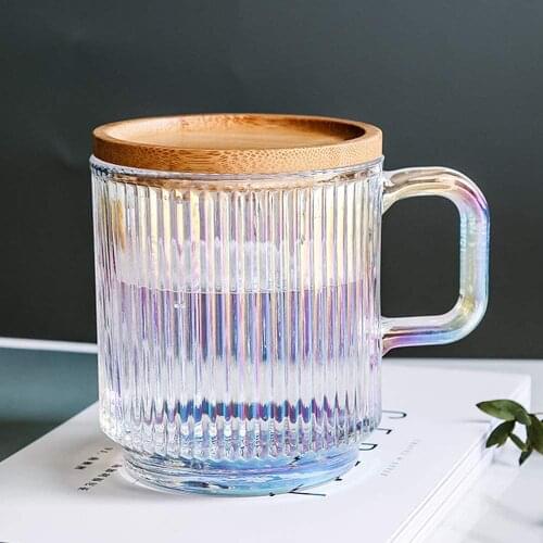 Iridescent Glass Coffee Mug with Bamboo Lid Premium Classical Vertical Stripes Glass Tea Cup With Handle Milk Coffee Drinkware