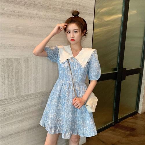 Women Summer Short Sleeve Blue Elegant A-line Dress Ladys Vintage Ruffle Print Peter Pan Collar Dress Female Sweet Beach Vestido
