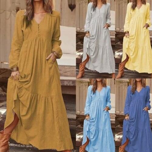 Plus Size Women Dress 3XL Leisure Dress Women Ladies Fashion V-Neck Long Sleeve Loose Leisure Long Dress 2020 New