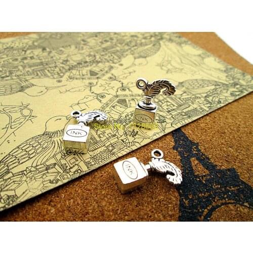 10pcs Pen Feather Ink Charms, Antique Tibetan silver 2 sided Pen Feather Ink Charms pendants 21x14mm