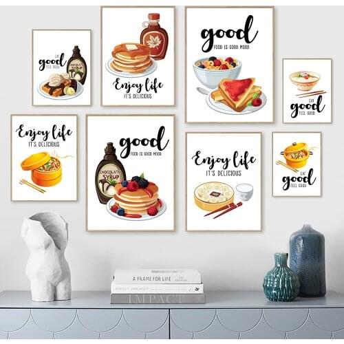 Modern Kitchen Quote Sign Canvas Paiinting Good Food Is Good Mood Mural Cartoon Dessert Noodle Poster Wall Art Print Home Decor