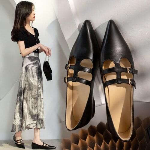HOT Women Shoes Natural Leather pumps 22-25cm spring and summer cowhide Sheepskin insole Double buckle roman shoes black shoes