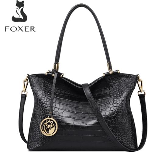 FOXER Vintage Totes Womens Cow Leather Bag Crocodile Pattern Lady Shoulder Cross Bag Vacation Top Handbag Female Commute Purse