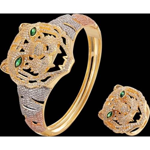 Zlxgirl jewelry classic women and men tiger shape animal copper bangle with ring jewelry sets mirco paved zircon bracelet bangle