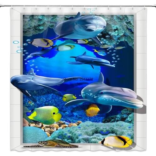 Ocean Dolphin Deep Sea Polyester Shower Curtain Bathroom Waterproof Cover Bath Mat Set