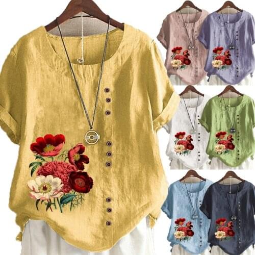 Plus Size Womens Fashion T-shirt Flower Printed Short Sleeve Casual Round Neck Blouse Pullover Tops Ladies Summer Fashion