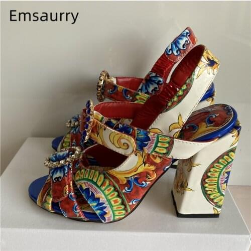 Exotic Summer 2021 Printed Color Sandals Women Ankle Strap Sexy Open Toe Square Heel Rhinestone Buckle Banquet Shoes Woman