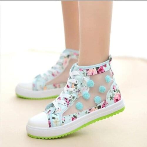 Summer Women Flats Chunky Lace-up Fashion Casual Breathable Hollow Shoes Female Floral Polka Dots Cut Out Sneakers SXQ1012