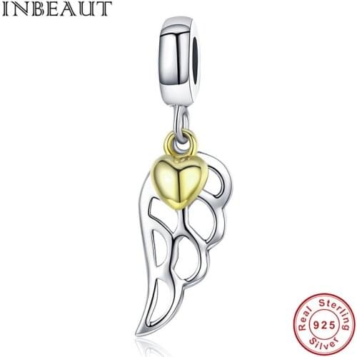INBEAUT Angel Wing Charm 925 Sterling Silver Gold-color Heart Lucky Feather Pendant Beads fit Trendy Bracelet for Young Ladies