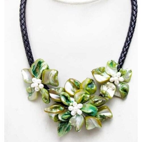 Baroque Green Shell Flower Pearl Pendant Necklace for Women Black Rope 18"