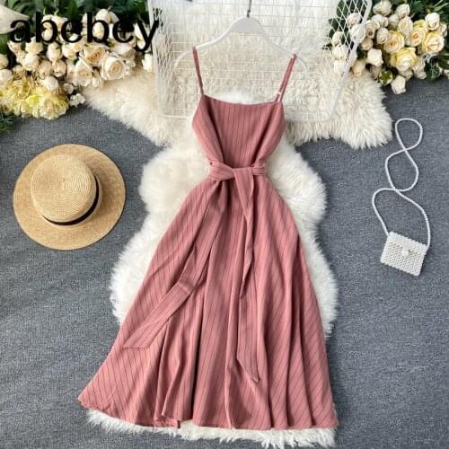 2020 Vintage Slim sexy striped Print bandage Dress summer midi spaghetti strap dress Party Women beach a-line vestido de festa