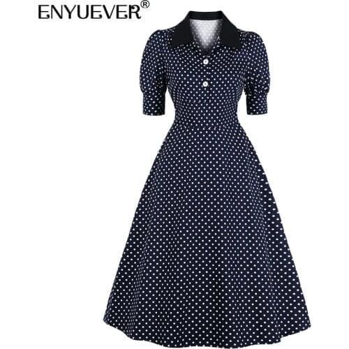 Enyuever Navy Blue Polka Dot Dress Women Summer Casual Clothes Cotton Puff Sleeve High Waist Robe Pin Up Retro Vintage Dress