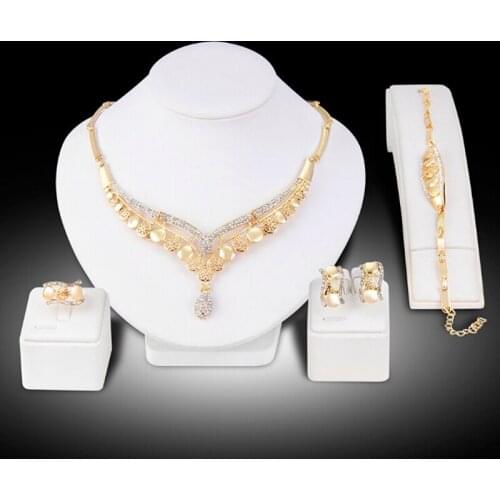 1 Set High Quality Vintage Gold Necklace Earrings Bracelet Jewelry Fashion Gold Women Crystal Wedding Party Jewelry